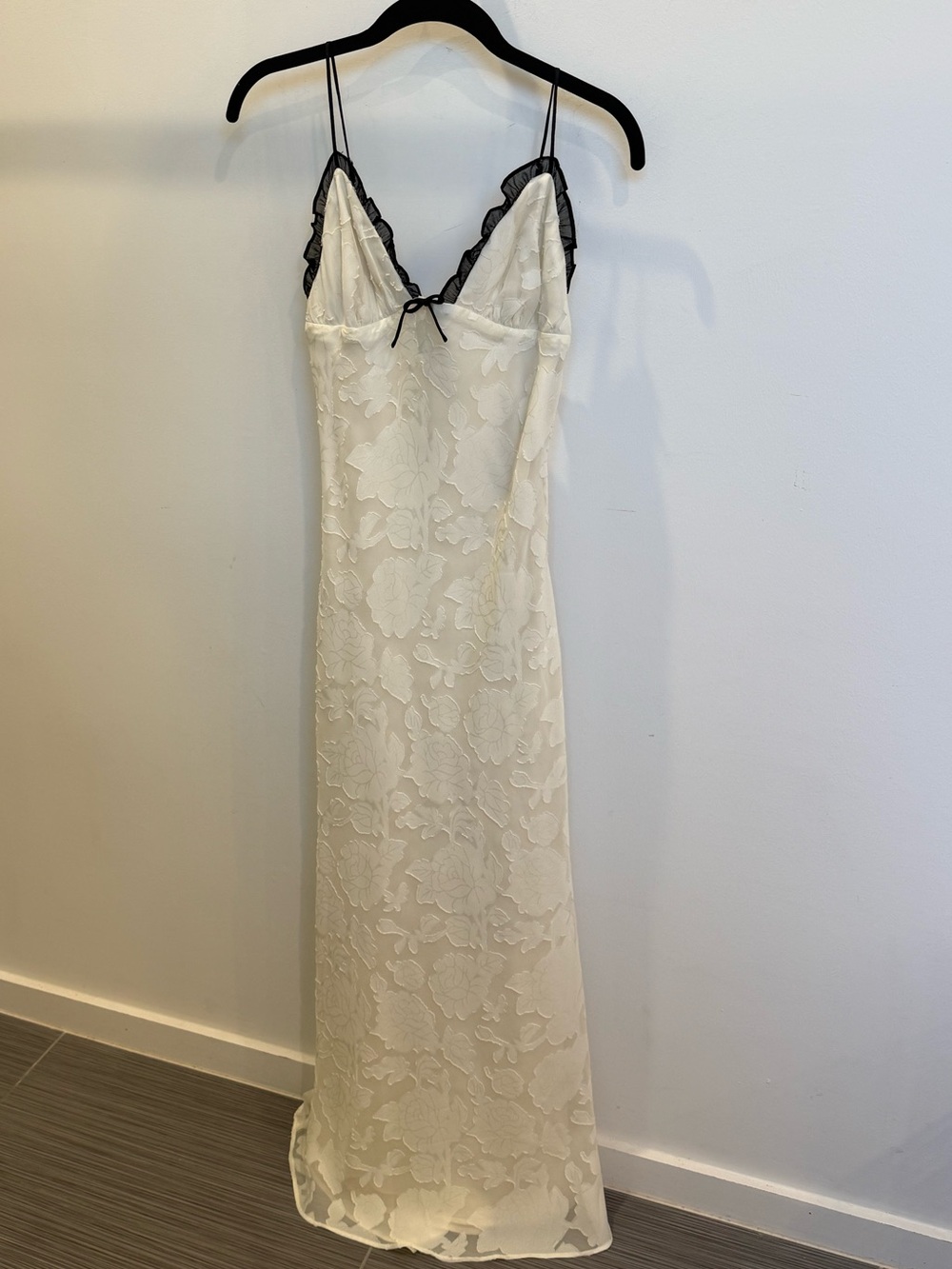Ivory Floral Lace Slip Dress with Black Trim